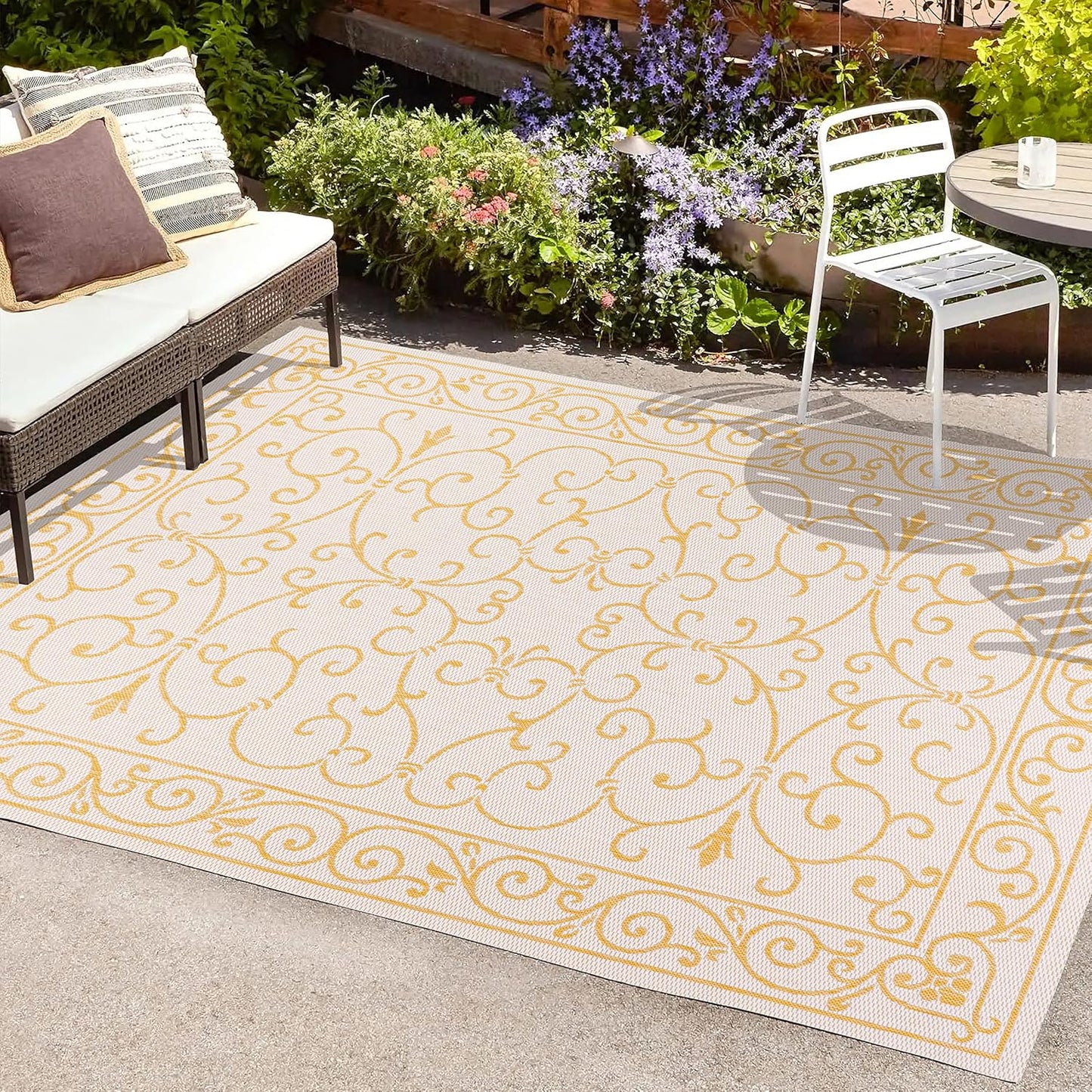 JONATHAN Y SMB106M-9 Charleston Vintage Filigree Textured Weave Indoor Outdoor Area Rug, Classic, Traditional, Transitional Easy Clean,Bedroom,Kitchen,Backyard,Patio, Non-Shed, Cream/Yellow, 9 X 12