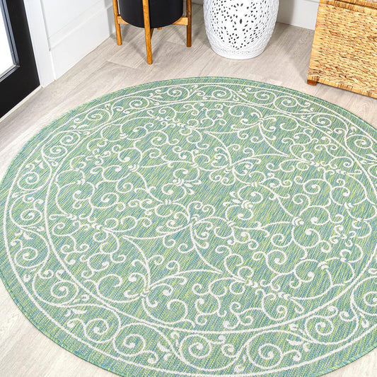 JONATHAN Y SMB106K-5R Charleston Vintage Filigree Textured Weave Indoor Outdoor Area Rug, Bohemian Coastal Classic Easy Cleaning,Bedroom,Kitchen,Backyard,Patio,Non Shedding, Green/Ivory, 5' Round