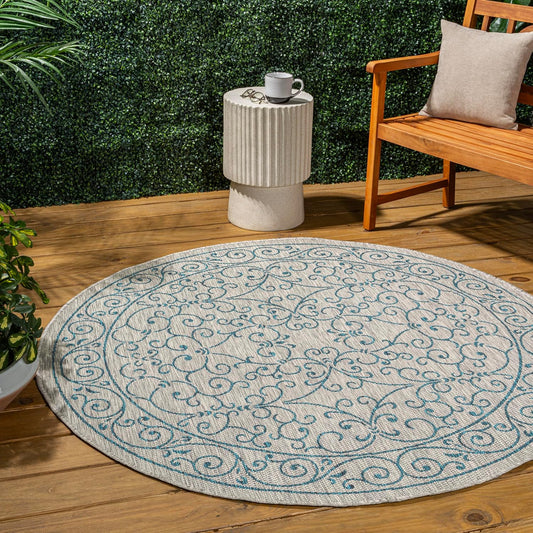 JONATHAN Y SMB106E-9R Charleston Vintage Filigree Textured Weave Gray/Teal 9' Round Indoor/Outdoor Area Rug, Pet Friendly, Non-Shedding, Stain Resistant, Easy-Cleaning for Backyard, Patio, Porch
