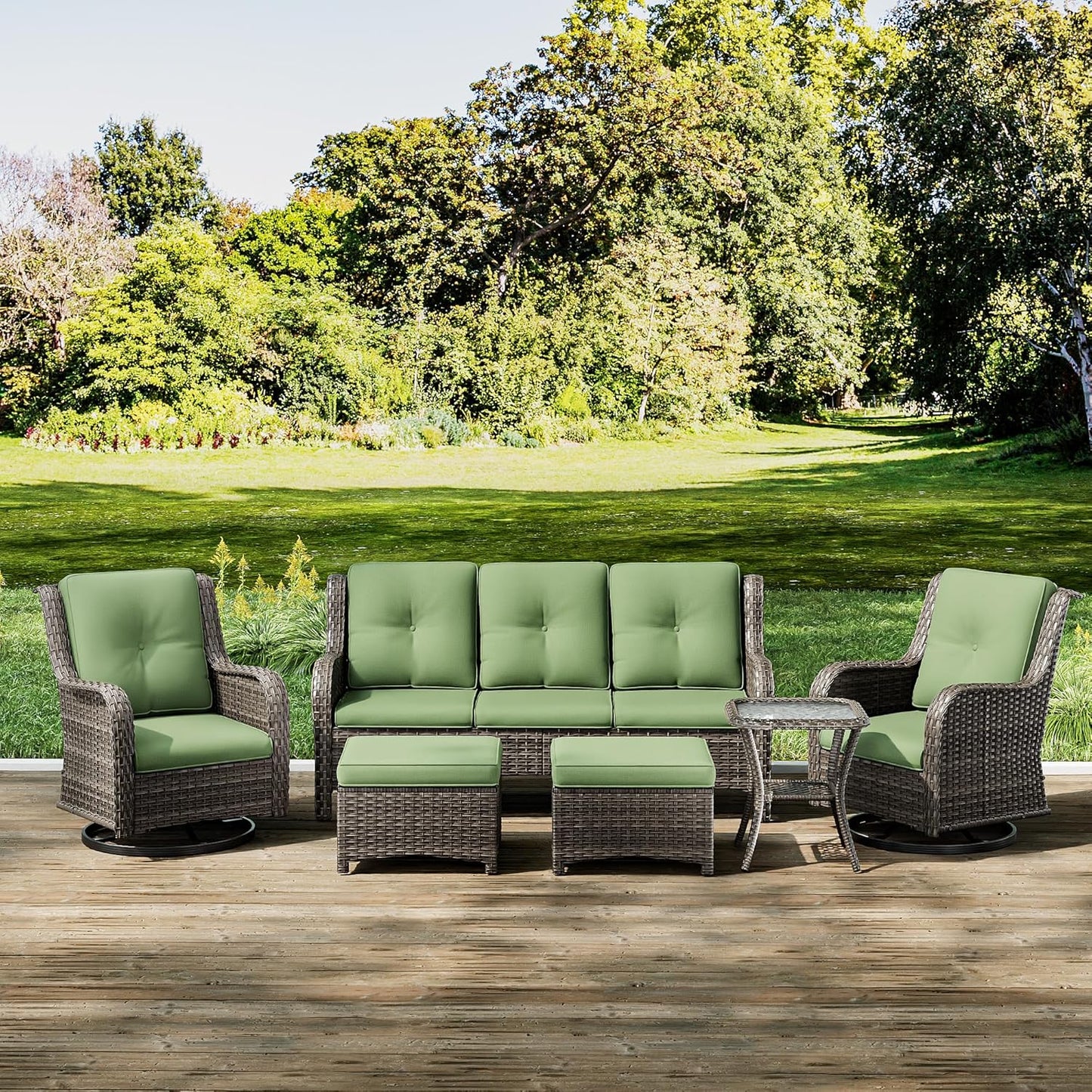 Joyside Wicker Patio Furniture Set 6 Piece Set with 1 Three-Seat Sofa, 2 Swivel Rocker Chairs, 2 Ottomans and 1 Side Table, Outdoor Furniture Patio Conversation Sets(Mixed Grey/Green)
