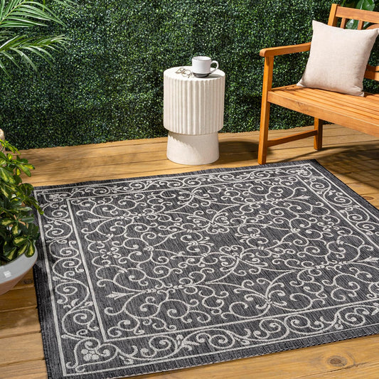 JONATHAN Y SMB106G-9SQ Charleston Vintage Filigree Textured Weave Black/Gray 9' Square Indoor/Outdoor Area Rug, Pet Friendly, Non-Shedding, Stain Resistant, Easy-Cleaning for Backyard, Patio, Porch