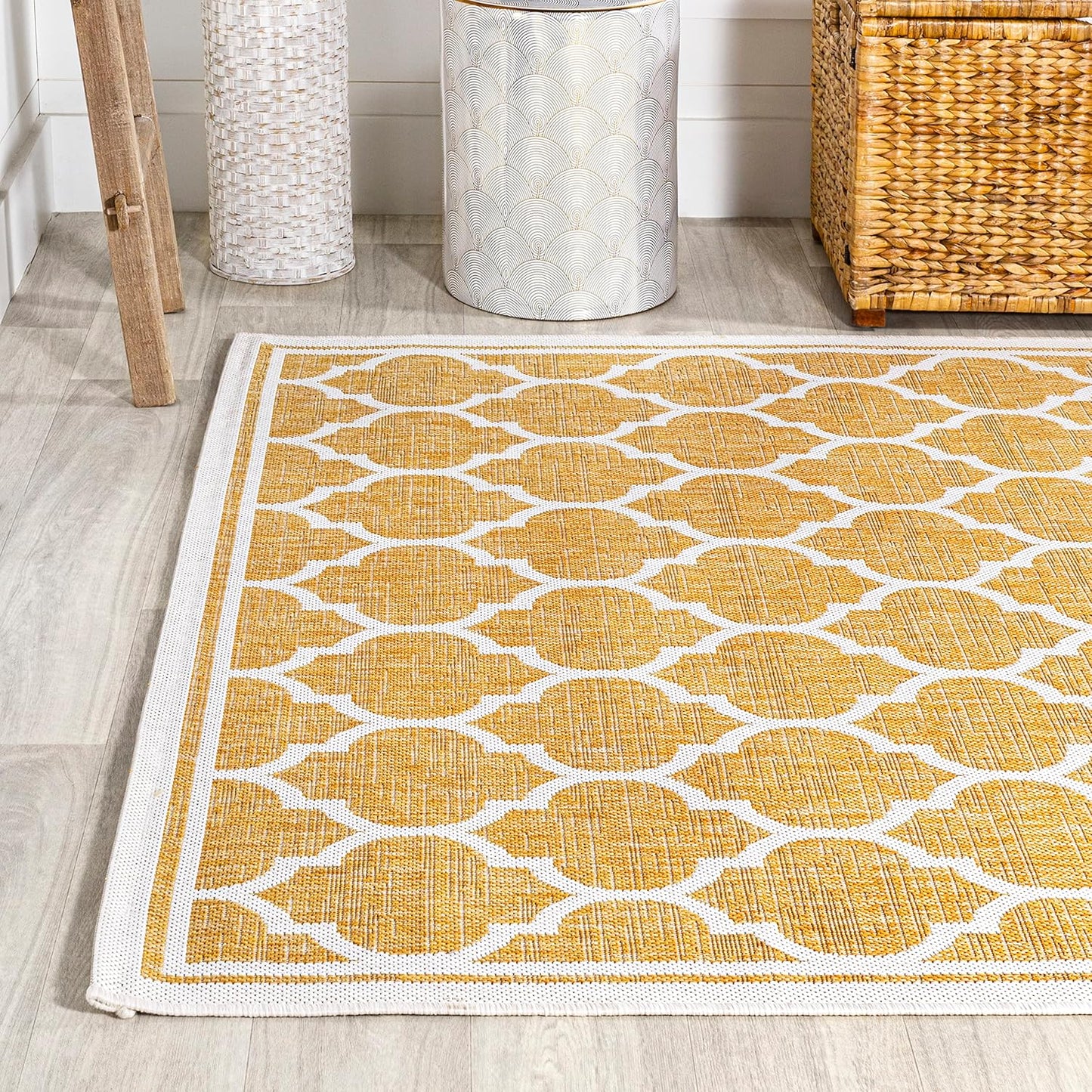 Eyely BMS109F-8 Santa Monica Trebol Moroccan Trellis Textured Weave Indoor/Outdoor Area Rug Coastal;Bohemian, Bedroom, Backyard, Patio, Easy-Cleaning, Non-Shedding, 8 X 10, Yellow/Cream