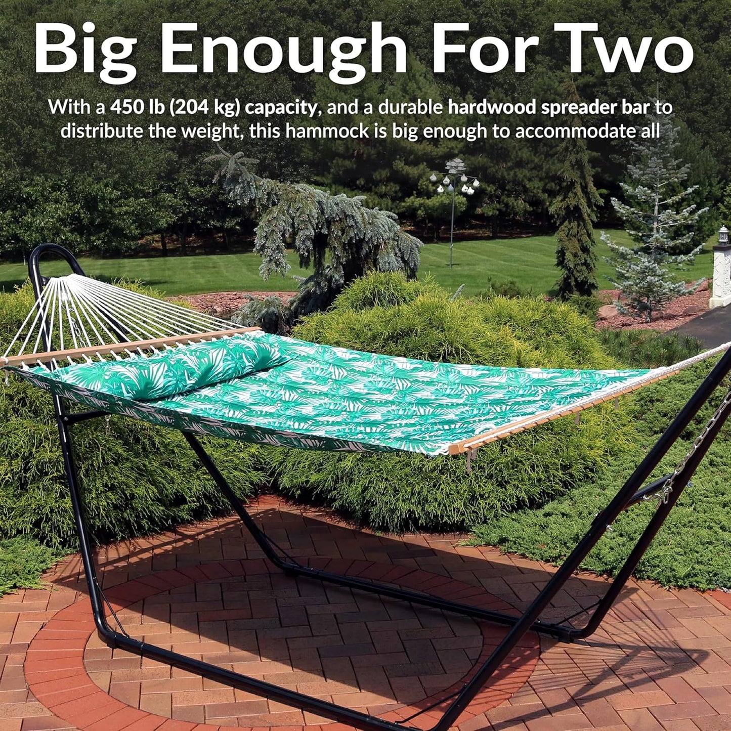 Sunnydaze Quilted Outdoor Hammock with Spreader Bars - Heavy-Duty 450-Pound Capacity Double Hammock for Outside - Green Palm Leaves