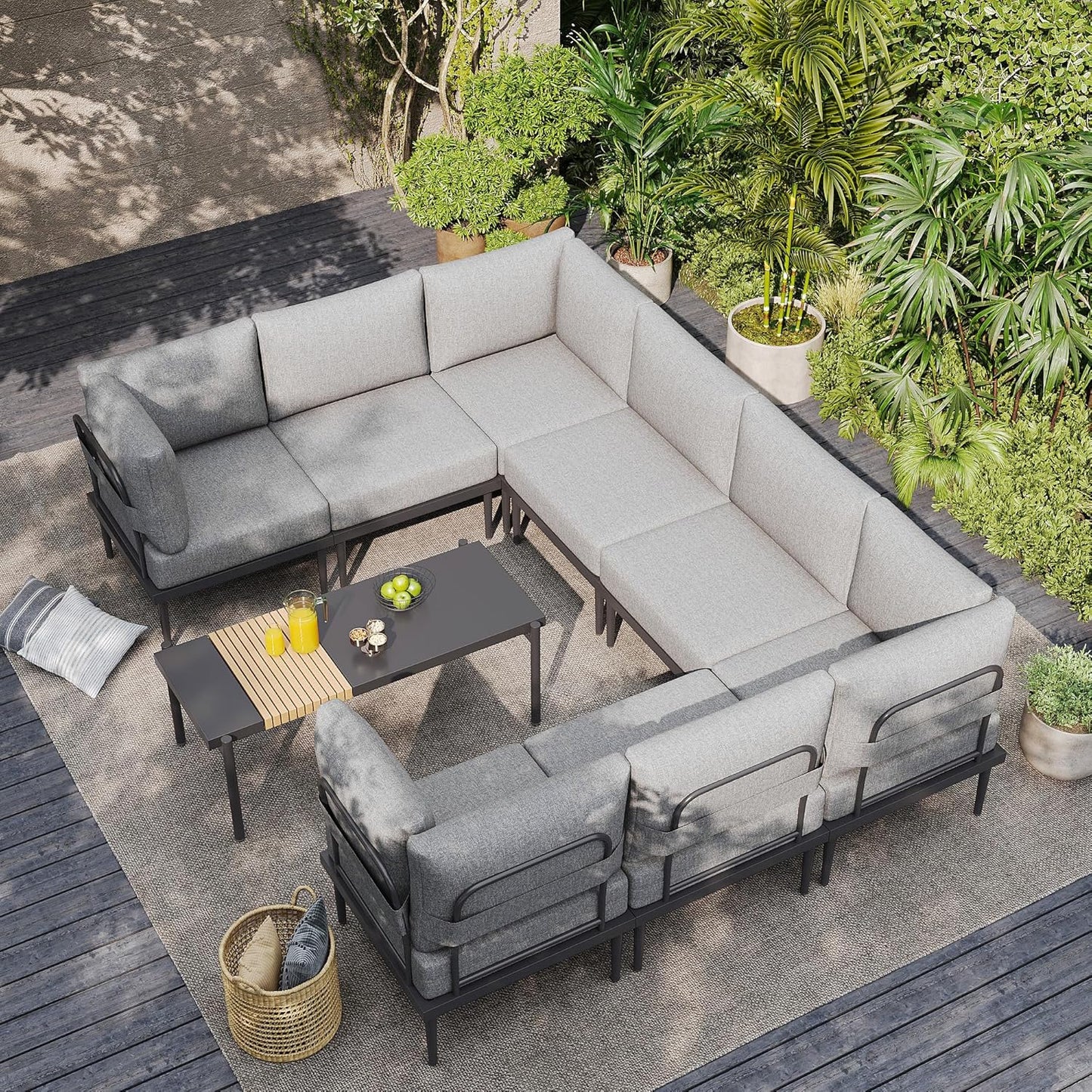 Sundale Outdoor 9 Pieces Metal Patio Furniture Set, Outdoor Sectional Sofa w/6 Inch Olefin Cushion and Coffee Table, Modern Outdoor Conversation Sets
