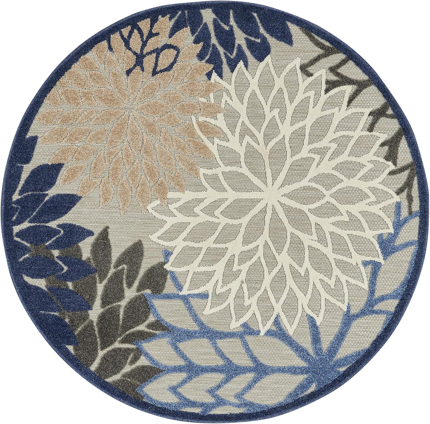 Nourison Aloha Indoor/Outdoor Blue/Multicolor 5'3" x Round Area Rug, Tropical, Botanical, Easy Cleaning, Non Shedding, Bed Room, Living Room, Dining Room, Deck, Backyard, Patio (5 Round)