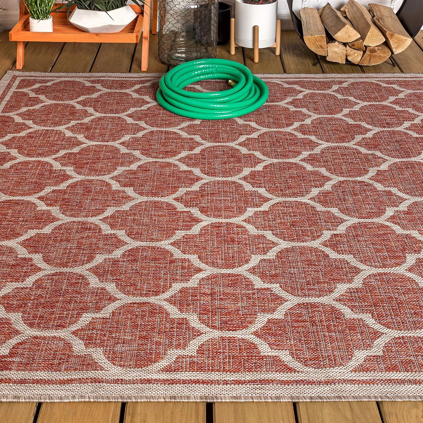 Eyely BMS109C-8 Santa Monica Trebol Moroccan Trellis Textured Weave Indoor/Outdoor Area Rug Coastal;Bohemian, Bedroom, Backyard, Patio, Easy-Cleaning, Non-Shedding, 8 X 10, Red/Beige
