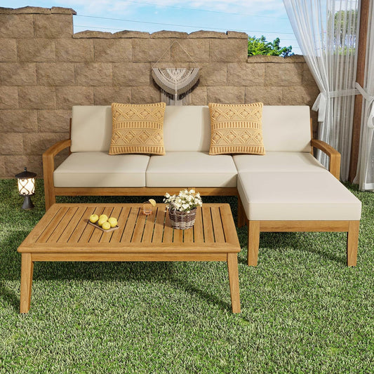 L-Shape Outdoor Furniture Set, 3-Piece Acacia Sectional Patio Sofa Set with 3-Seater Sofa, Coffee Table and Ottoman, Conversation Set for Garden, Poolside, Backyard