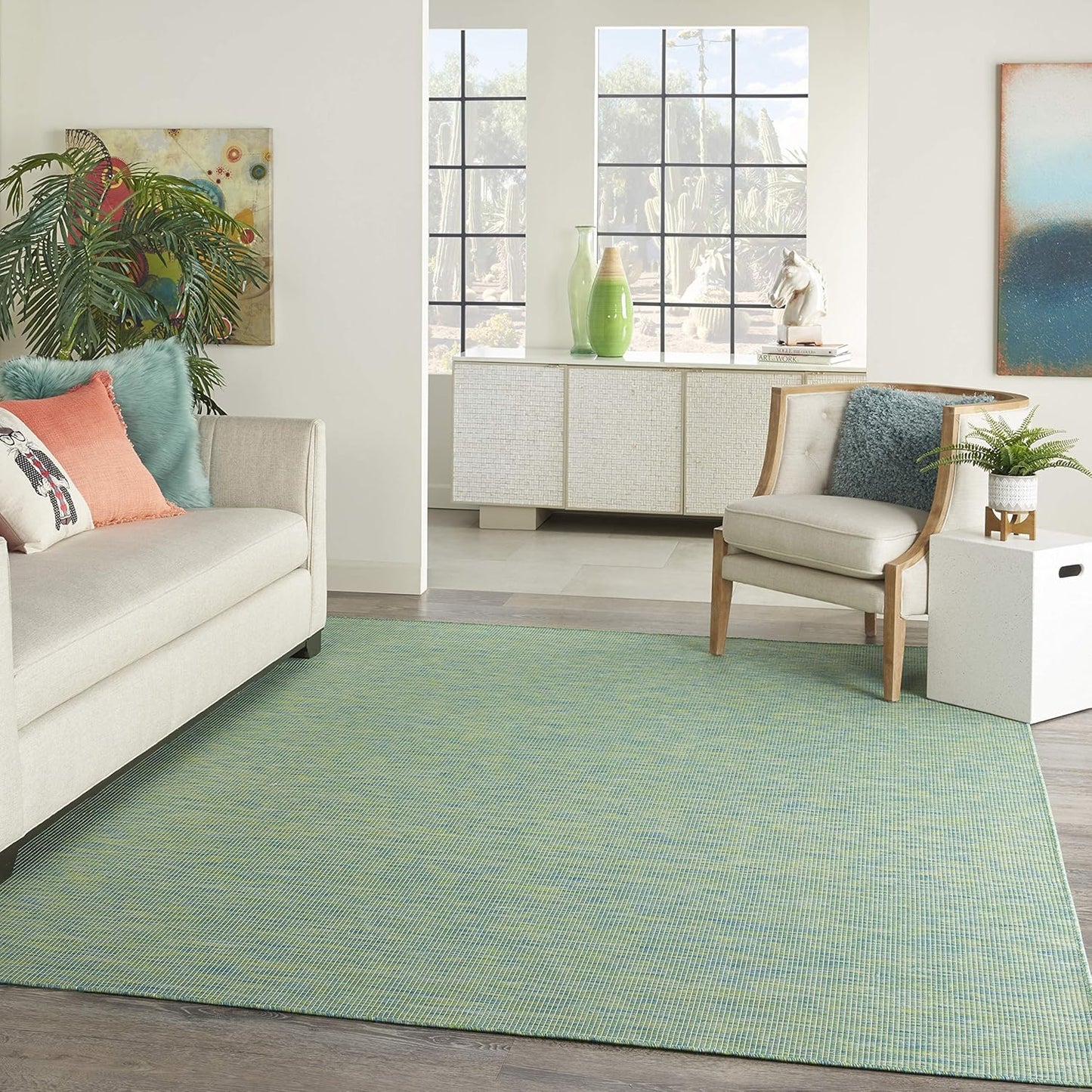 Nourison Positano Indoor/Outdoor Blue/Green 5' x 7' Area Rug, Easy Cleaning, Non Shedding, Bed Room, Living Room, Dining Room, Backyard, Deck, Patio (5x7)