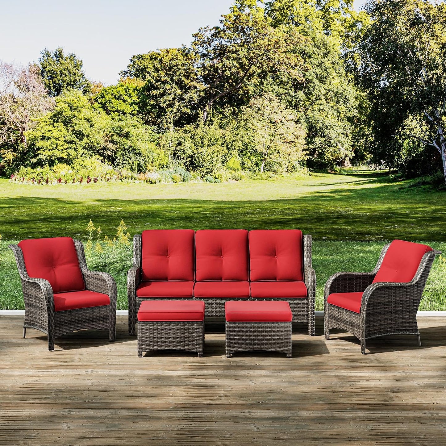Joyside Patio Furniture Set 5-Piece Wicker Outdoor Furniture Conversational Set with 3-Seat Sofa, 2 Armchairs, 2 Ottoman Patio Rattan Wicker Sectional Sofa Set with Olefin Cushions(Mixed Grey/Red)