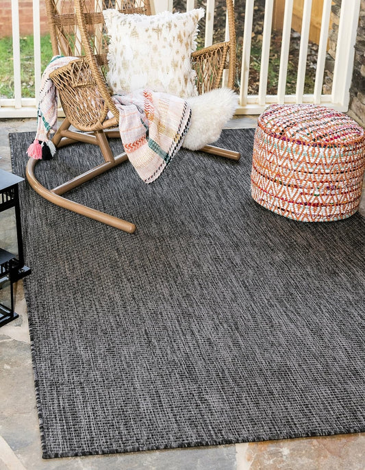 Unique Loom Collection Casual Transitional Solid Heathered Indoor/Outdoor Flatweave Area Rug (5' 1" x 8' Rectangle, Black/Ivory)