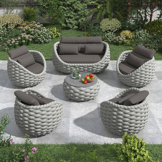Cushioned Outdoor Patio Furniture Set: 6 Pieces Aluminum Porch Conversation Sofa Set - Modern Hand Woven Rope Deck Couch Set - No Assembly All Weather for 661lbs Yard Garden Poolside Hotel, Gray