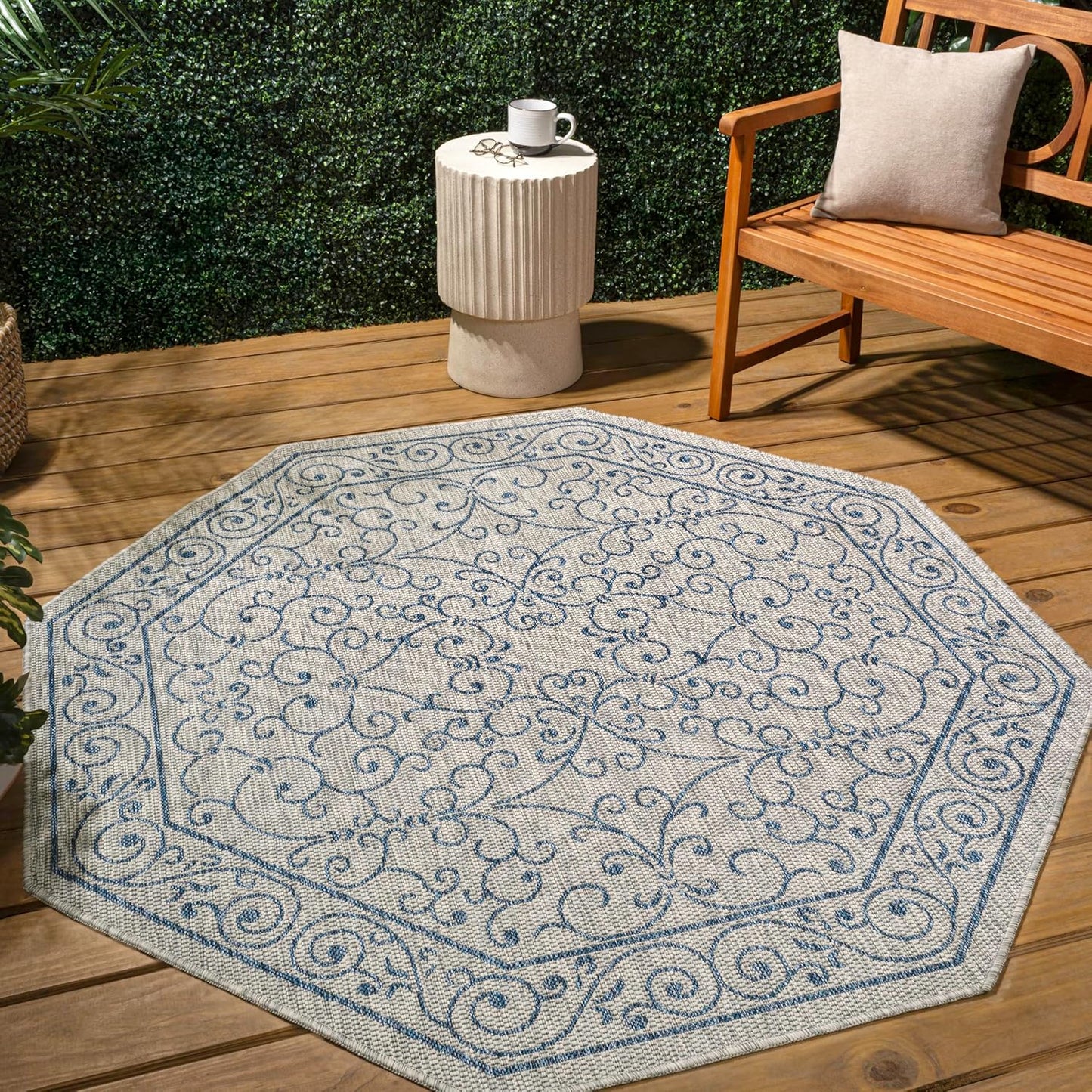 JONATHAN Y SMB106C-8TGN Charleston Vintage Filigree Textured Weave Gray/Navy 8' Octagon Indoor/Outdoor Area Rug, Non-Shedding, Stain Resistant,Fade Resistant, Easy-Cleaning for Backyard Patio, Porch