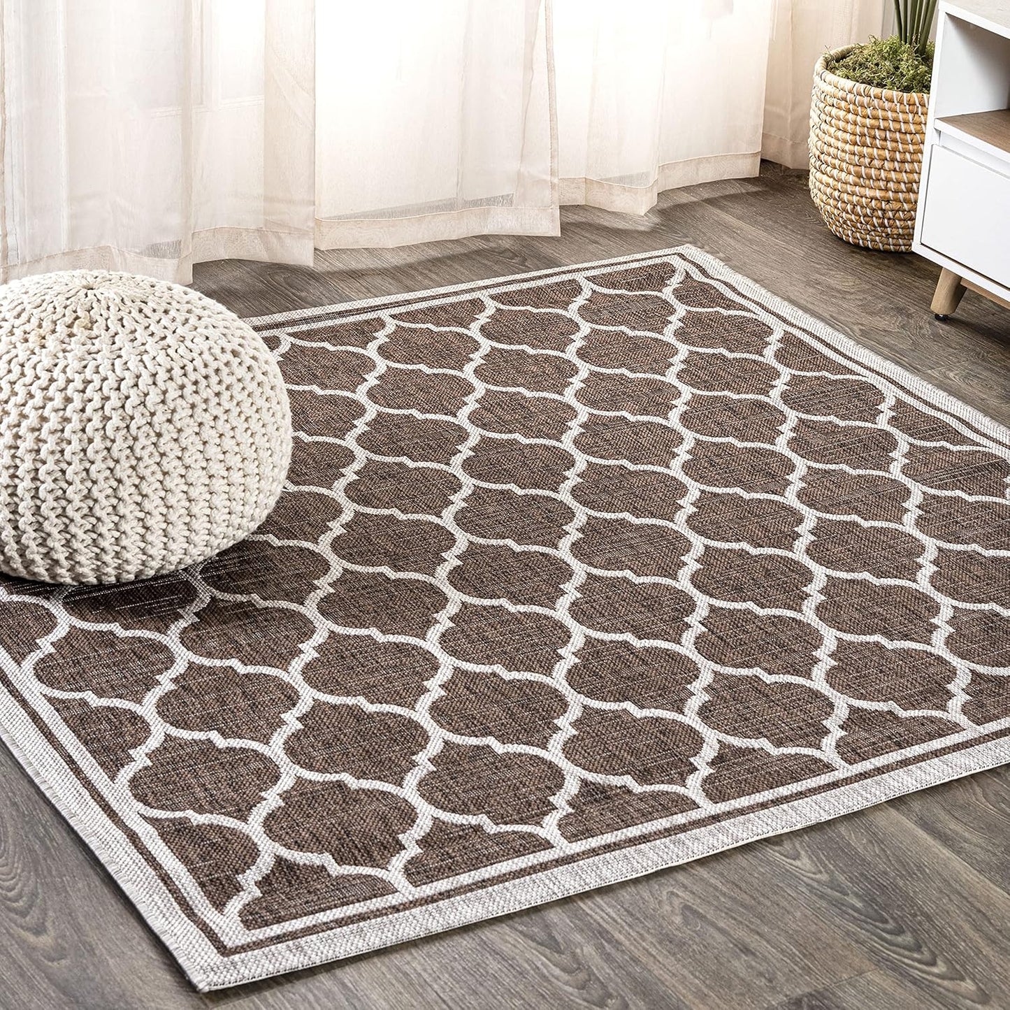 Eyely BMS109B-4SQ Santa Monica Trebol Moroccan Trellis Textured Weave, Pet Friendly, Non-Shedding, Stain Resistant, Easy-Cleaning, Espresso/Taupe, 4' Square, Indoor/Outdoor, Area Rug