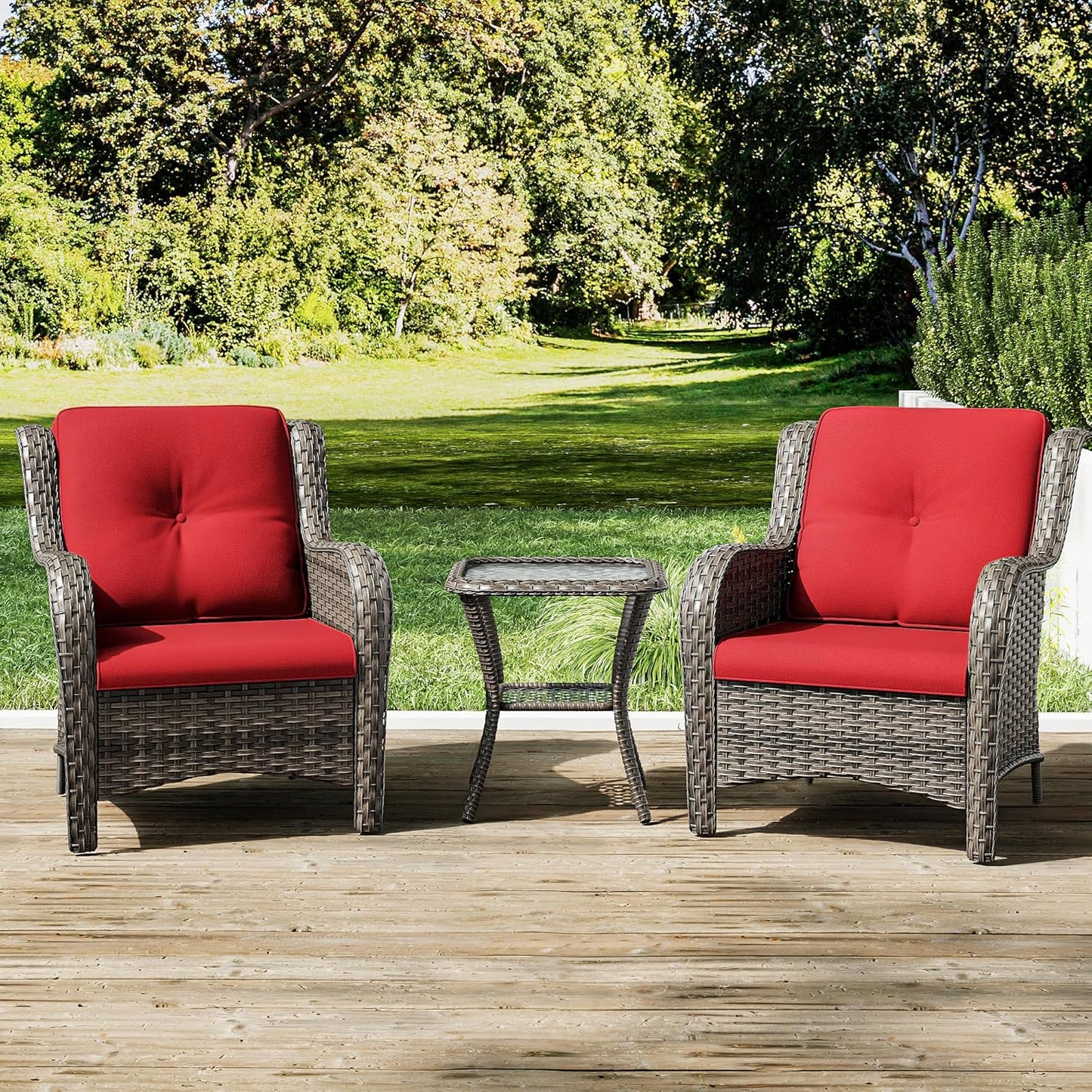 Joyside Patio Bistro Set Wicker Chairs - 3 Piece Outdoor Rattan Conversation Set with 2 Armrest Chair and 1 Side Table for Proch Deck Garden Backyard Balcony(Mixed Grey/Red)