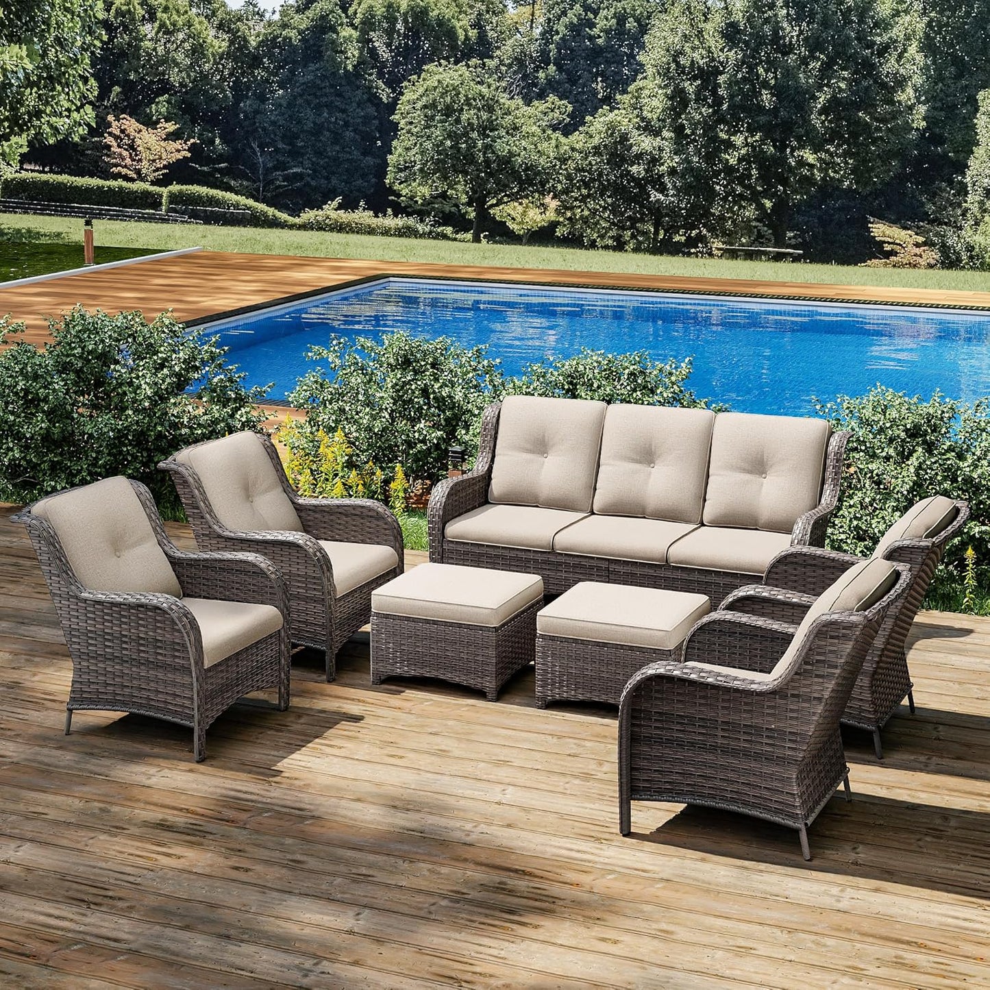 Joyside Wicker Patio Furniture Sets 7 Piece Set with One 3-Seat Sofa, Four Armchairs, Two Ottomans, Wicker Outdoor Furniture Sectional Conversation Set(Mixed Grey/Beige)