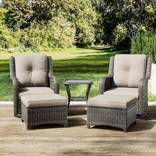 Joyside 5 Piece Outdoor Patio Furniture Set Wicker Conversation Bistro Set Swivel Rocking Chairs with Side Table and Ottomans for Backyard, Porch, Deck(Mixed Grey/Beige)