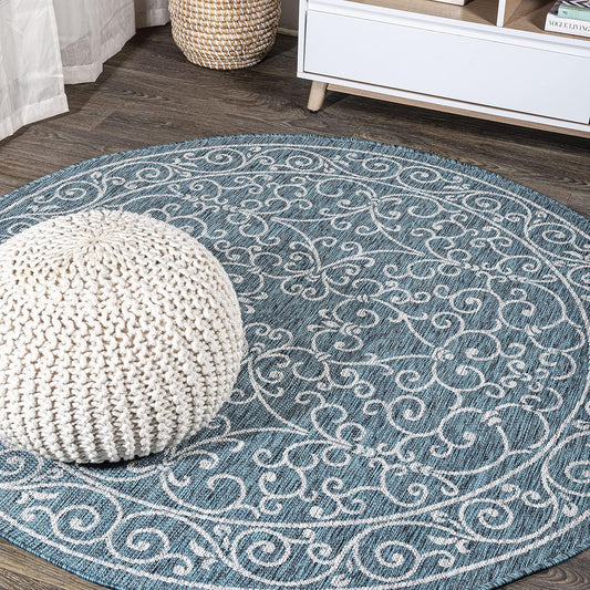 JONATHAN Y SMB106F-9R Charleston Vintage Filigree Textured Weave Teal/Gray 9' Round Indoor/Outdoor Area Rug, Pet Friendly, Non-Shedding, Stain Resistant, Easy-Cleaning for Backyard, Patio, Porch