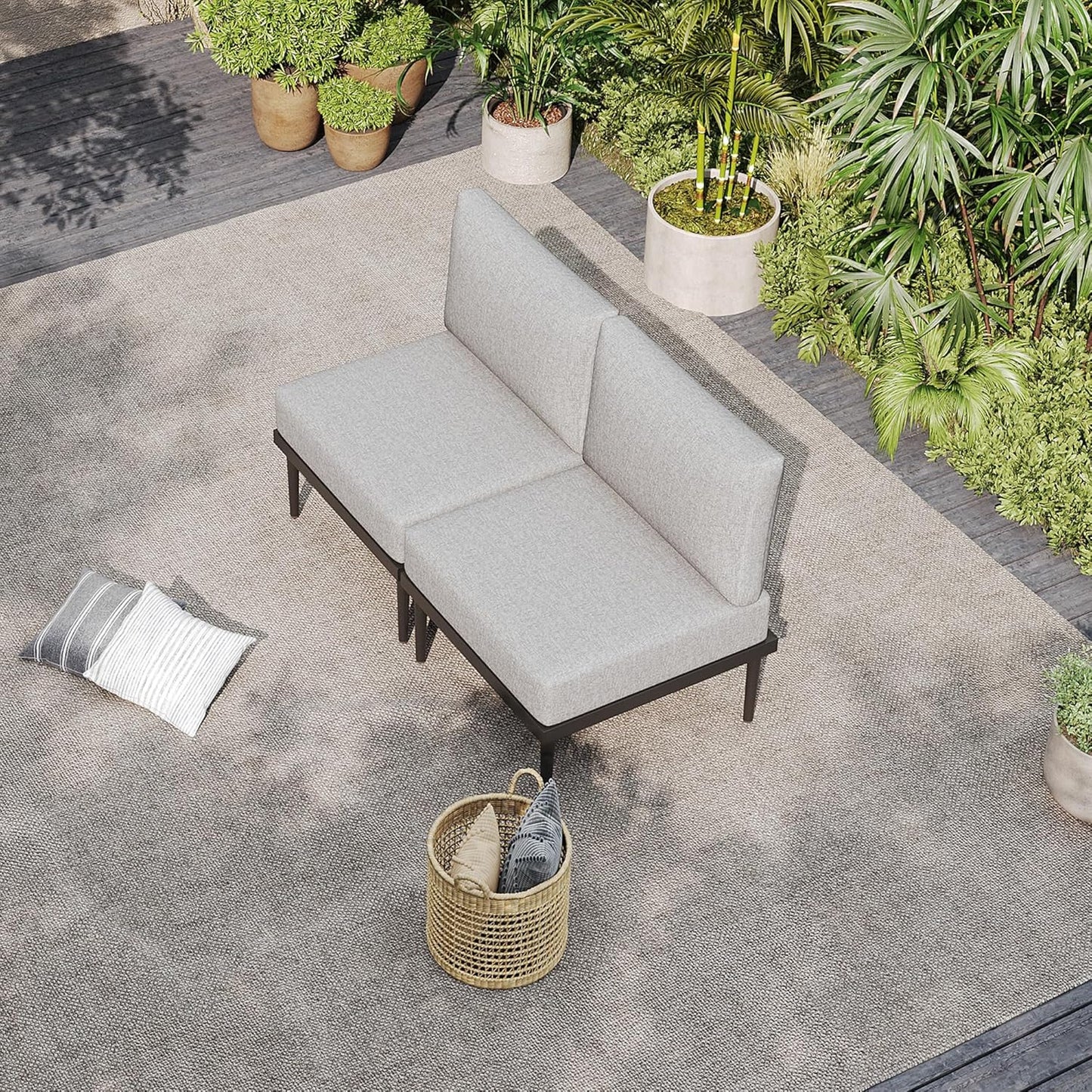 Sundale Outdoor 2 Pieces Metal Patio Furniture Set, Outdoor Sectional Sofa w/6 Inch Olefin Cushion, Modern Outdoor Conversation Sets