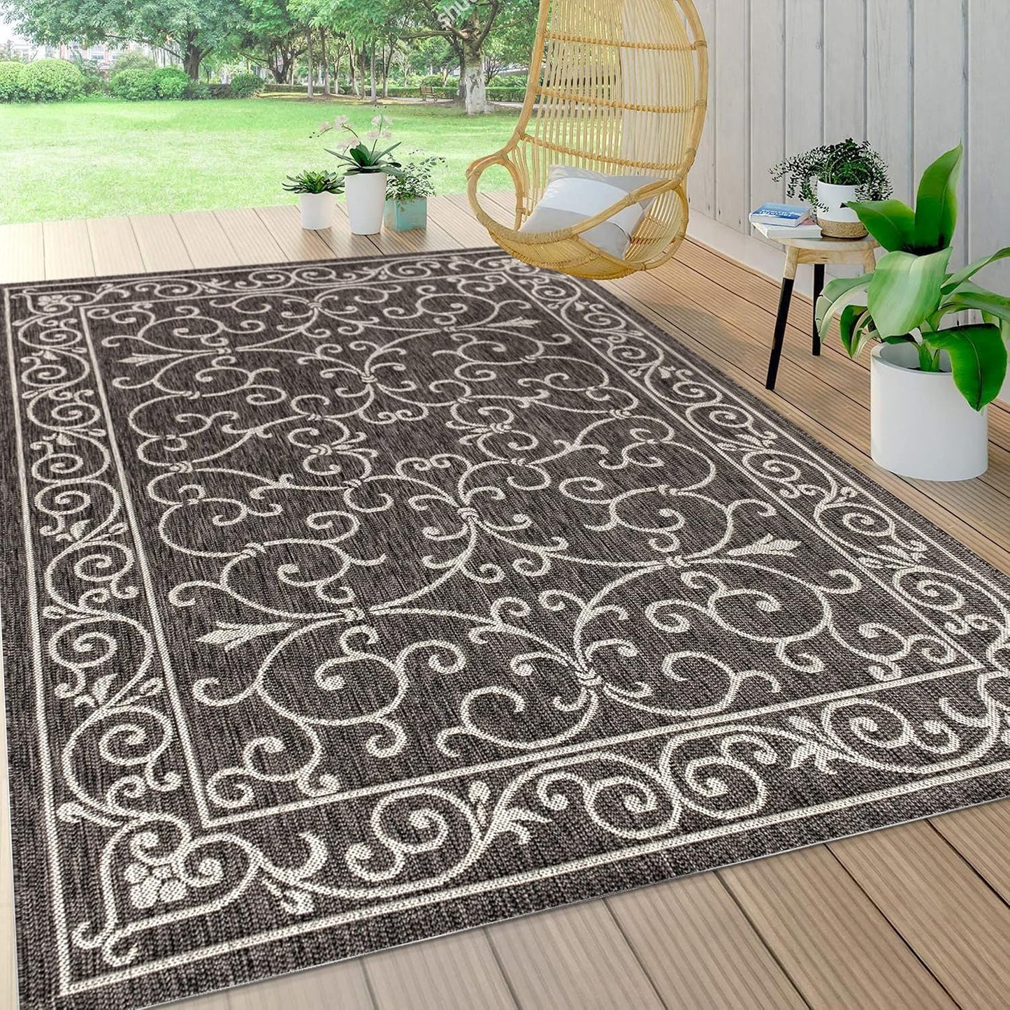 JONATHAN Y SMB106G-8 Charleston Vintage Filigree Textured Weave Indoor Outdoor Area Rug Classic Coastal Easy Cleaning Bedroom Kitchen Backyard Patio Non Shedding, 8 X 10, Black/Gray