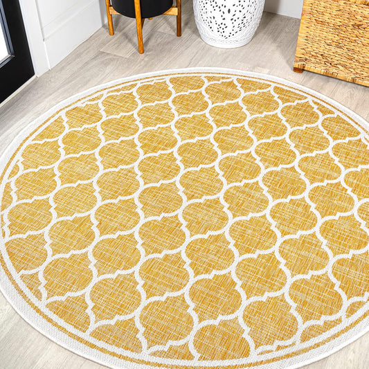Eyely BMS109F-5R Santa Monica Trebol Moroccan Trellis Textured Weave Indoor/Outdoor Area Rug Coastal;Bohemian, Bedroom, Backyard, Patio, Easy-Cleaning, Non-Shedding, 5' Round, Yellow/Cream