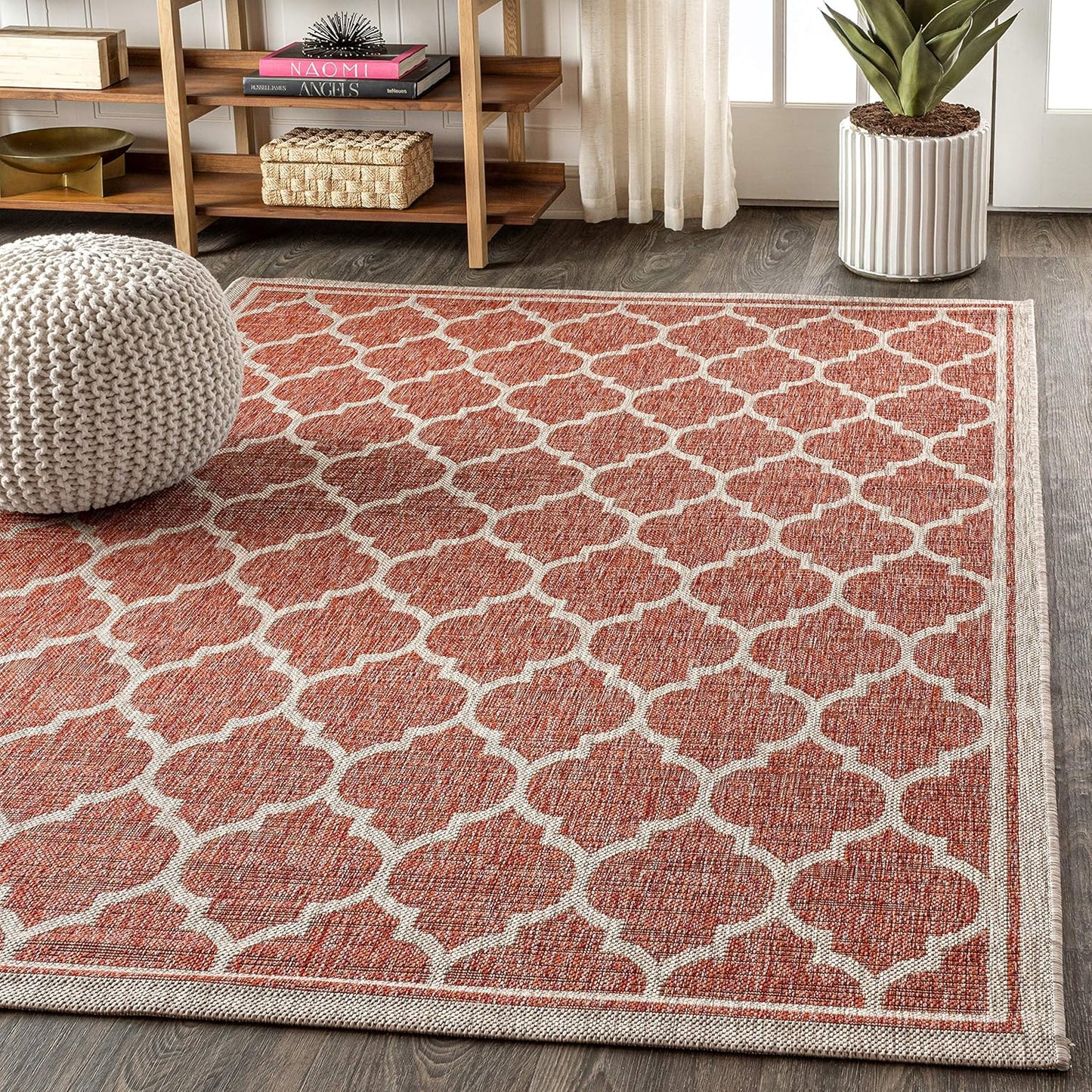 Eyely BMS109C-4 Santa Monica Trebol Moroccan Trellis Textured Weave Indoor/Outdoor Area Rug Coastal;Bohemian, Bedroom, Backyard, Patio, Easy-Cleaning, Non-Shedding, 4 X 6, Red/Beige
