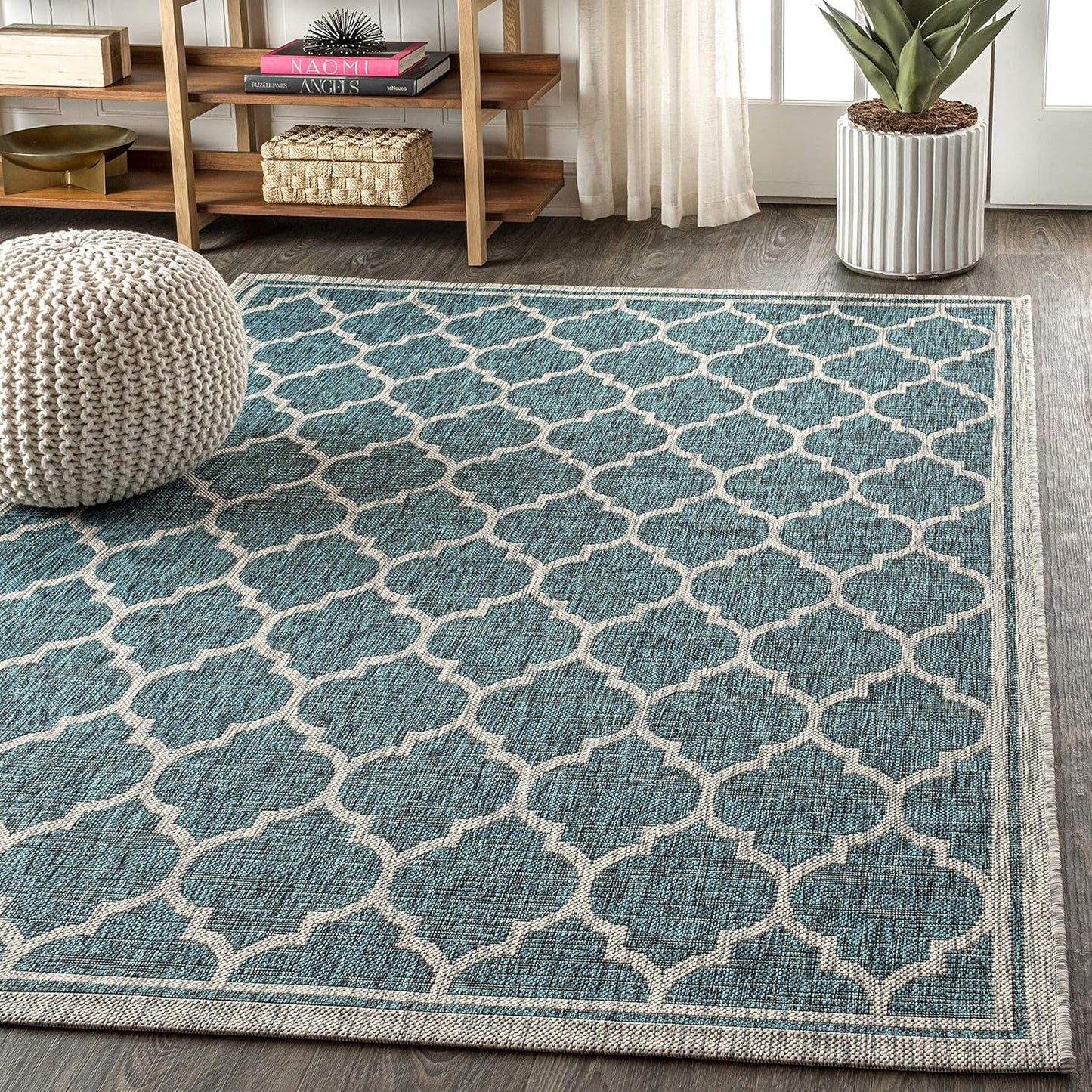 Eyely BMS109E-9 Santa Monica Trebol Moroccan Trellis Textured Weave Indoor/Outdoor Area Rug Coastal;Bohemian, Bedroom, Backyard, Patio, Easy-Cleaning, Non-Shedding, 9 X 12, Teal/Gray